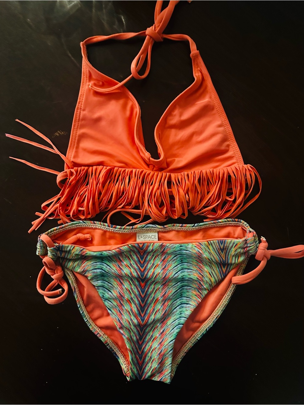 Girl’s L*space Coral Fringe Halter Bikini with Multicolor Patterned Bottoms